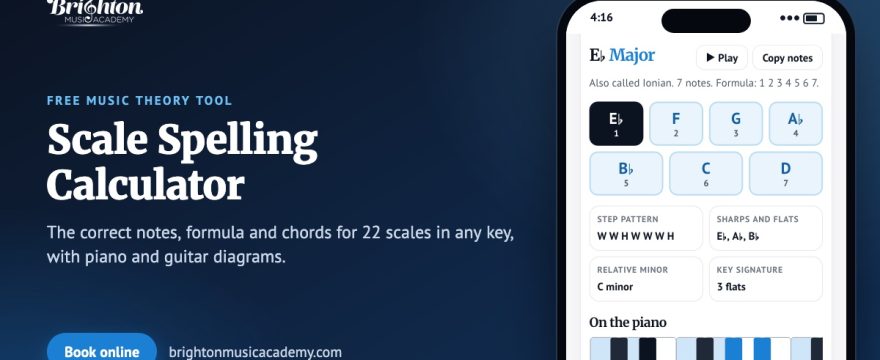 Free scale spelling calculator: the correct notes, formula and chords for 22 scales in any key, including modes, blues and pentatonic scales.