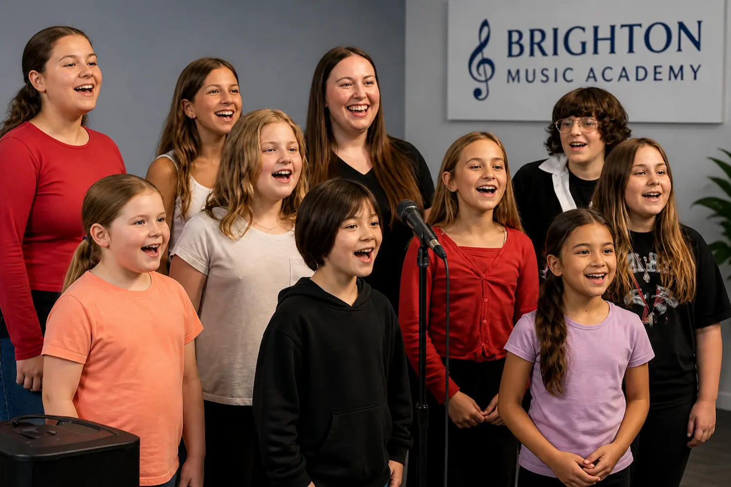 Group singing class in Brighton MI with kids performing together in vocal ensemble