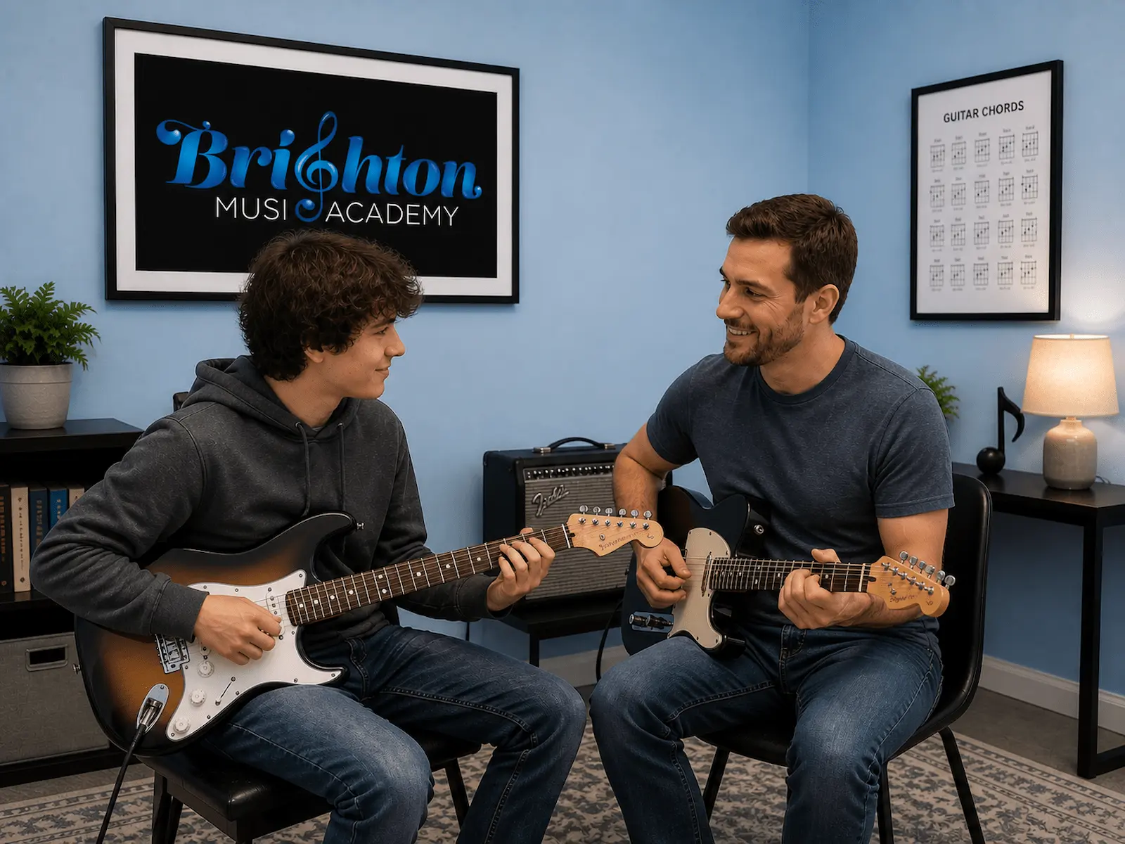 Guitar lessons in Brighton MI with student and teacher playing electric guitars together in lesson room