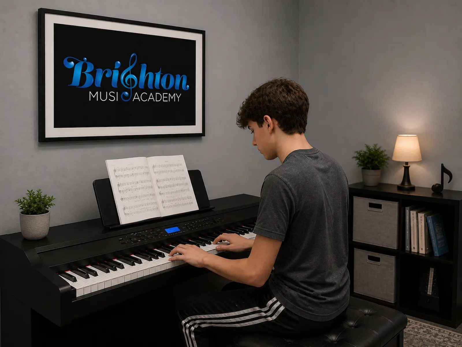 Piano practice in Brighton MI with student playing digital piano independently in lesson room