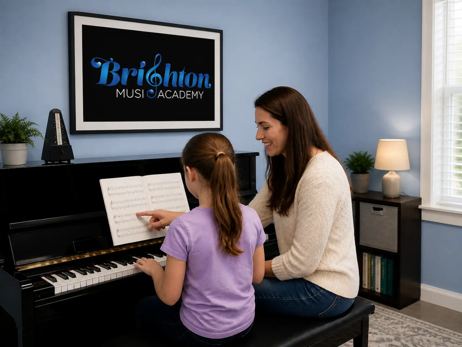 Piano lessons in Brighton MI with teacher guiding young student at upright piano in lesson room