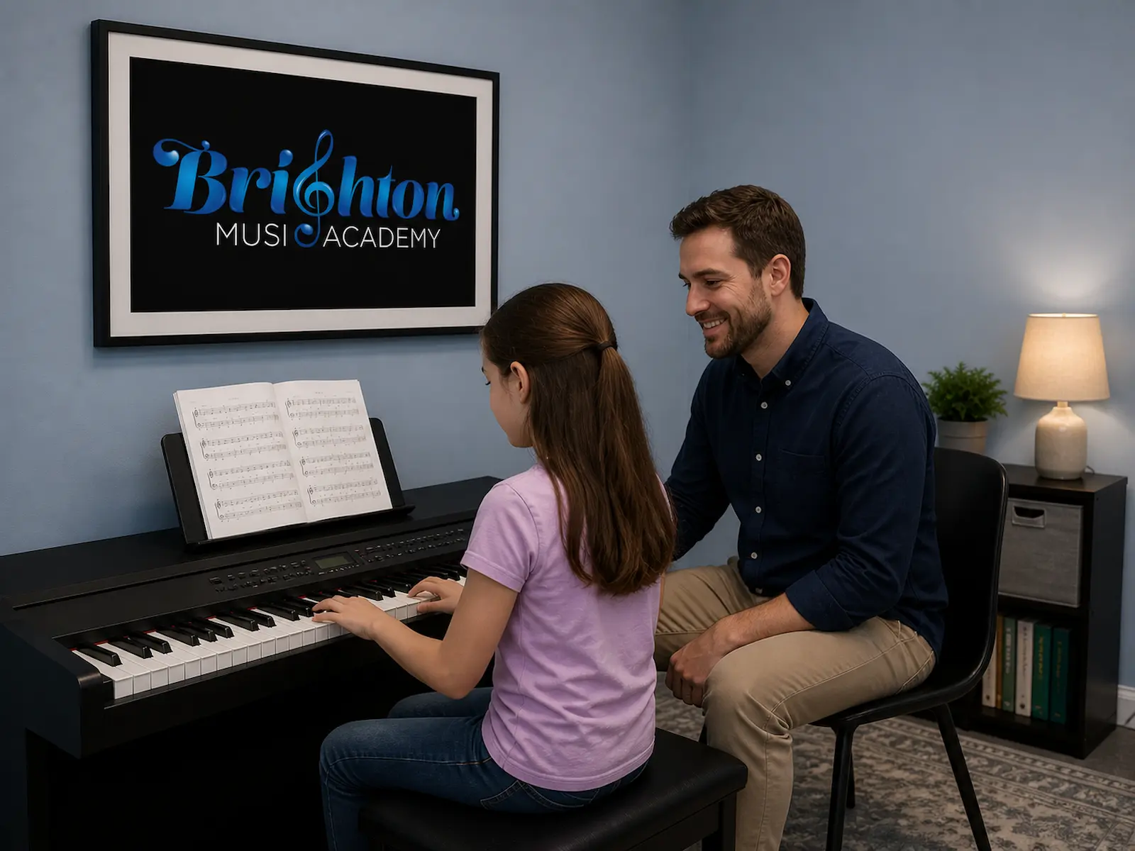 Piano lessons in Brighton MI with student playing digital piano and teacher seated beside in studio