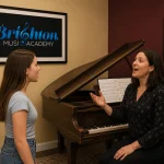 Voice lessons in Brighton MI with student singing and teacher coaching beside grand piano in lesson room