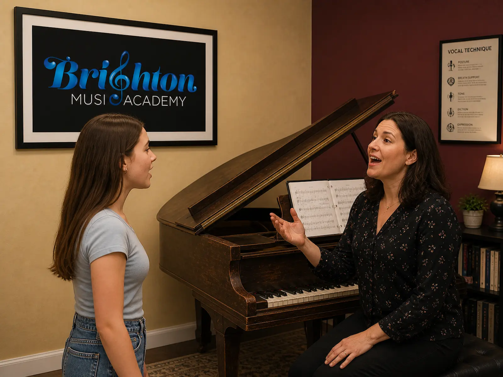 Voice lessons in Brighton MI with student singing and teacher coaching beside grand piano in lesson room