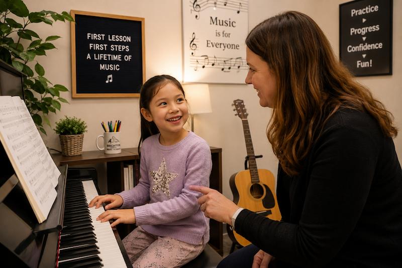 Child enjoying a first music lesson with teacher at Brighton Music Academy